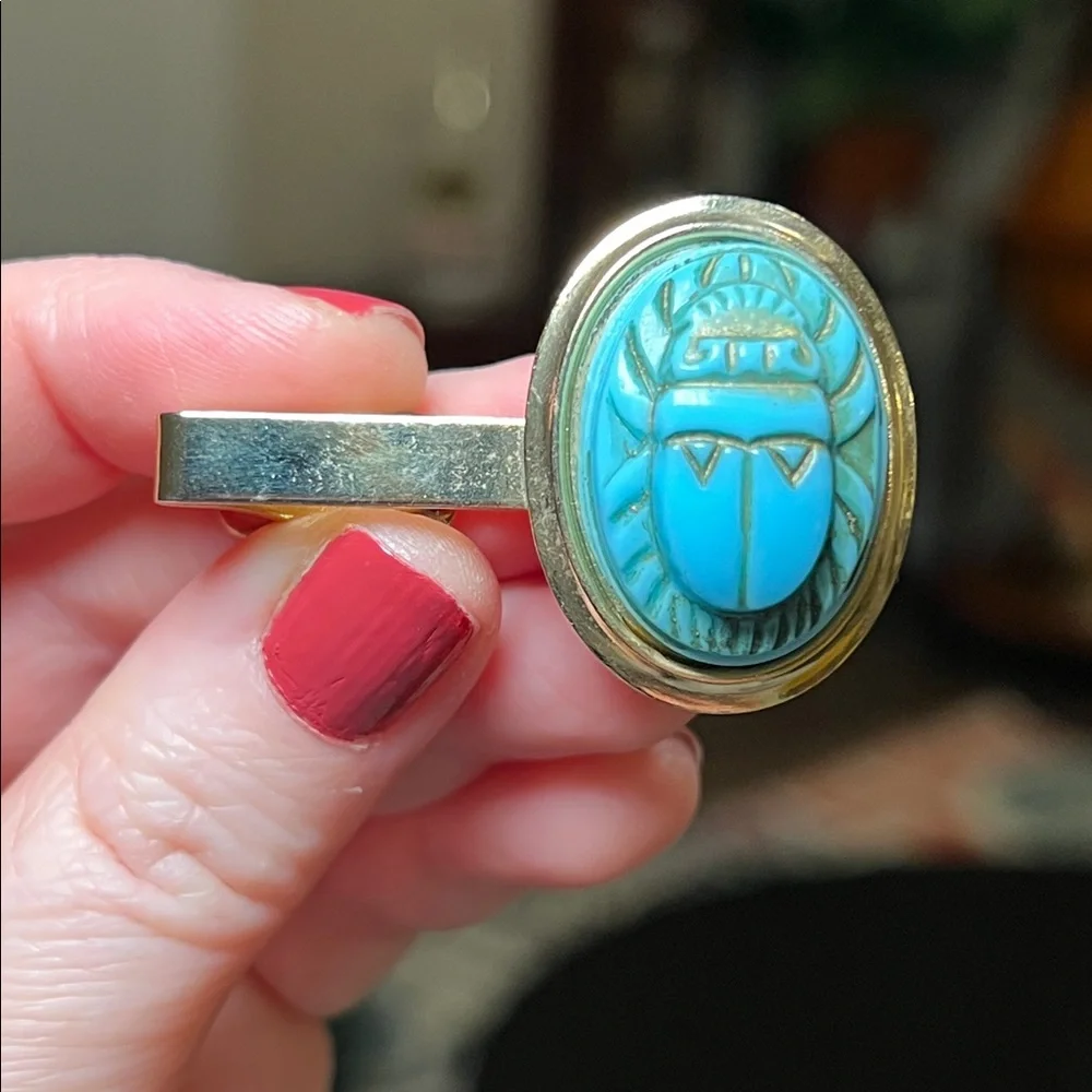 Vintage Egyptian Turquoise Blue Scarab Beetle Gold Tone Cufflinks and Tie Clip